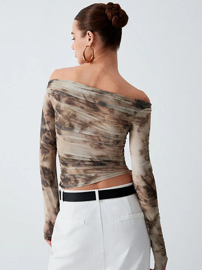 2024 Spring Mesh Backless Slash Collar Long Sleeve Top