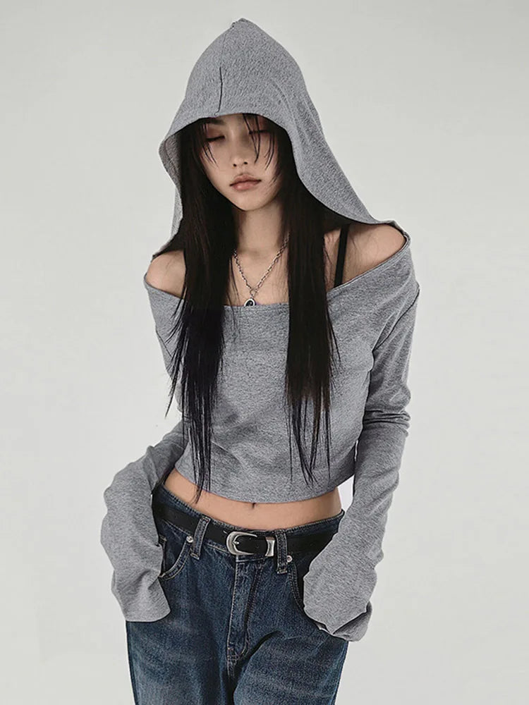 Dozw Hooded Cropped Tee for Women Y2K Streetwear Cotton