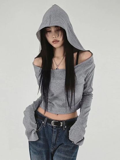 Dozw Hooded Cropped Tee for Women Y2K Streetwear Cotton