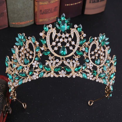 Baroque Crystal Rhinestone Tiara - Vintage Bridal Crown for Weddings & Prom Gold Green