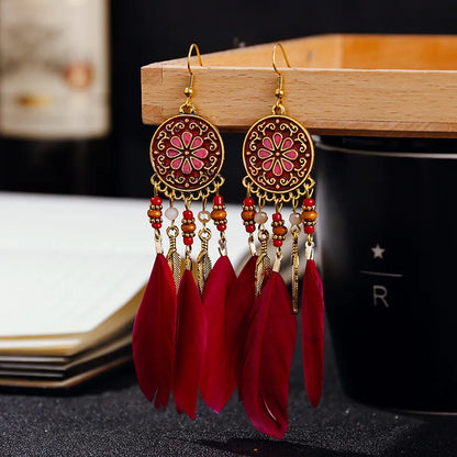 Bohemian Long Feather Drop Earrings with Tassel Beads and Enamel Flowers for Women