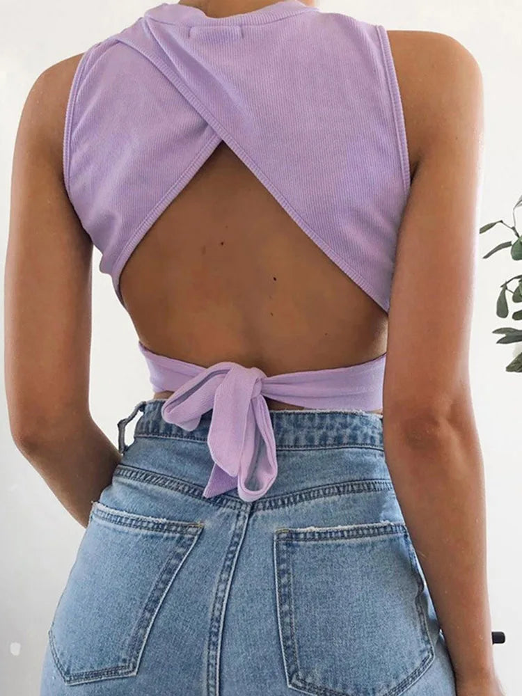 Dozw Sexy Backless Crop Top Women Cotton Cross Back