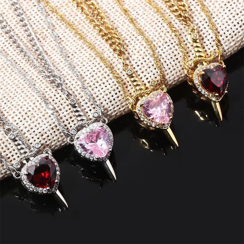 Assembled Heart and Sword Zircon Pendant Necklace Set for Couples Silver Gold Plated Choker Jewelry Gifts