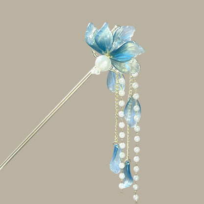 Elegant Ink Flower Tassel Hairpin Forks for Women - Modern Hanfu Hair Jewelry with Black Beads Fringe