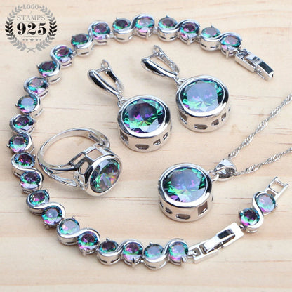 925 Sterling Silver Bridal Jewelry Set with Magic Rainbow Zircon Stones