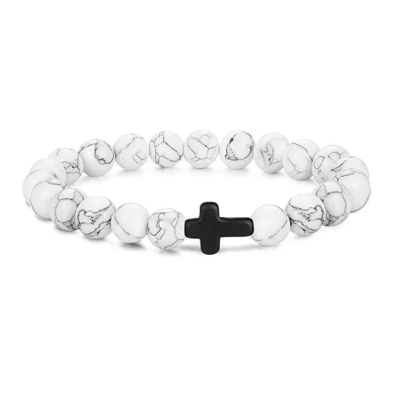 Men's Hematite Cross Bracelet with Natural Stone and Wood Beads for Meditation and Yoga White