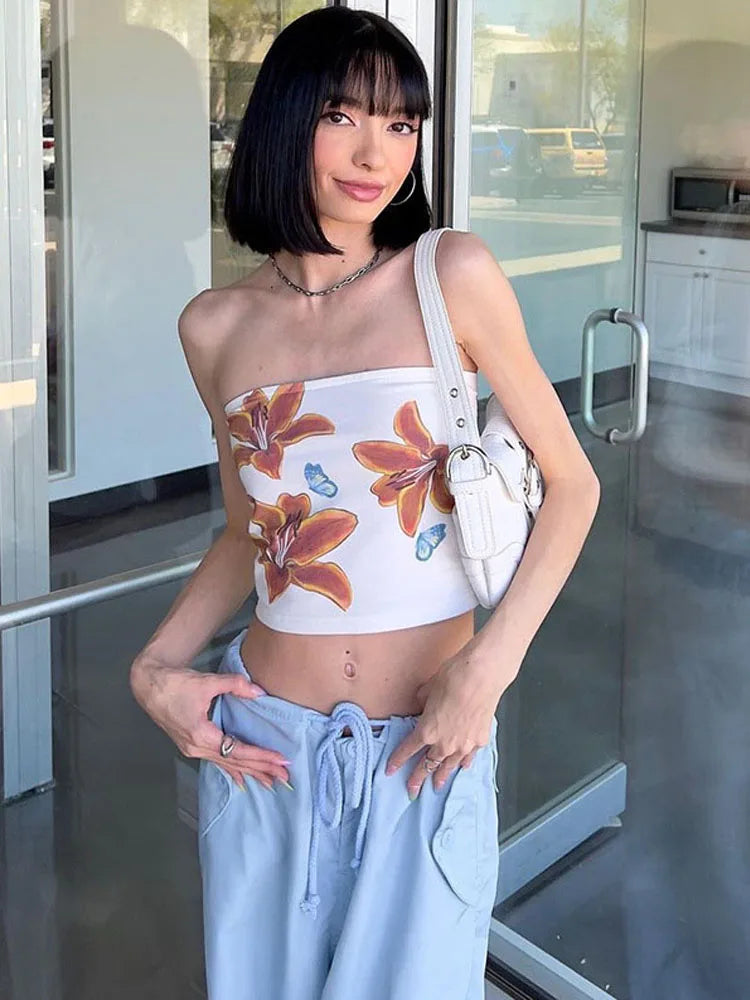 Dozw Floral Chest Wrap Crop Tank Top Women White Sexy