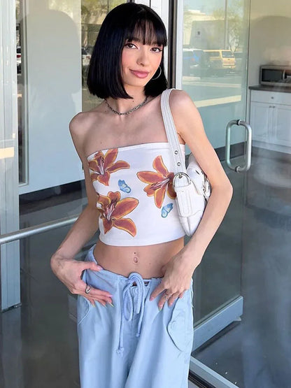 Dozw Floral Chest Wrap Crop Tank Top Women White Sexy