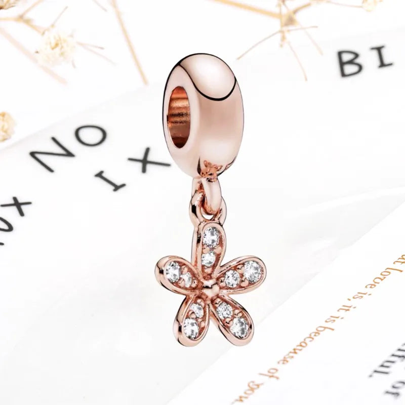 Rose Gold Winged Angel Heart Charm Bead Pink Daisy Spacer