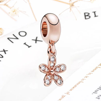 Rose Gold Winged Angel Heart Charm Bead Pink Daisy Spacer