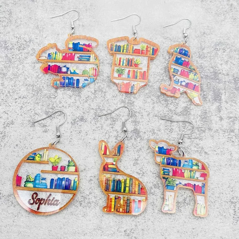 Cat Bookcase Dangle Earrings for Women Geometric Acrylic Rabbit Love Jewelry Gift for Teachers and Readers