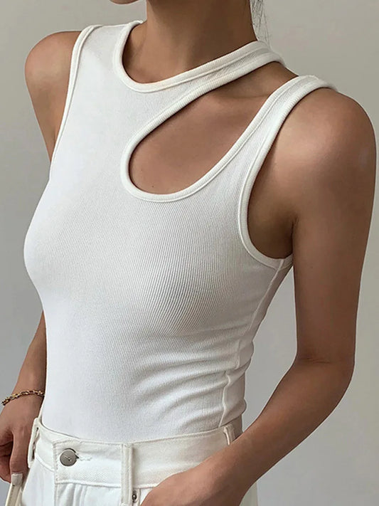 Casual White Sleeveless T Shirt Women Round Neck Slim Korean