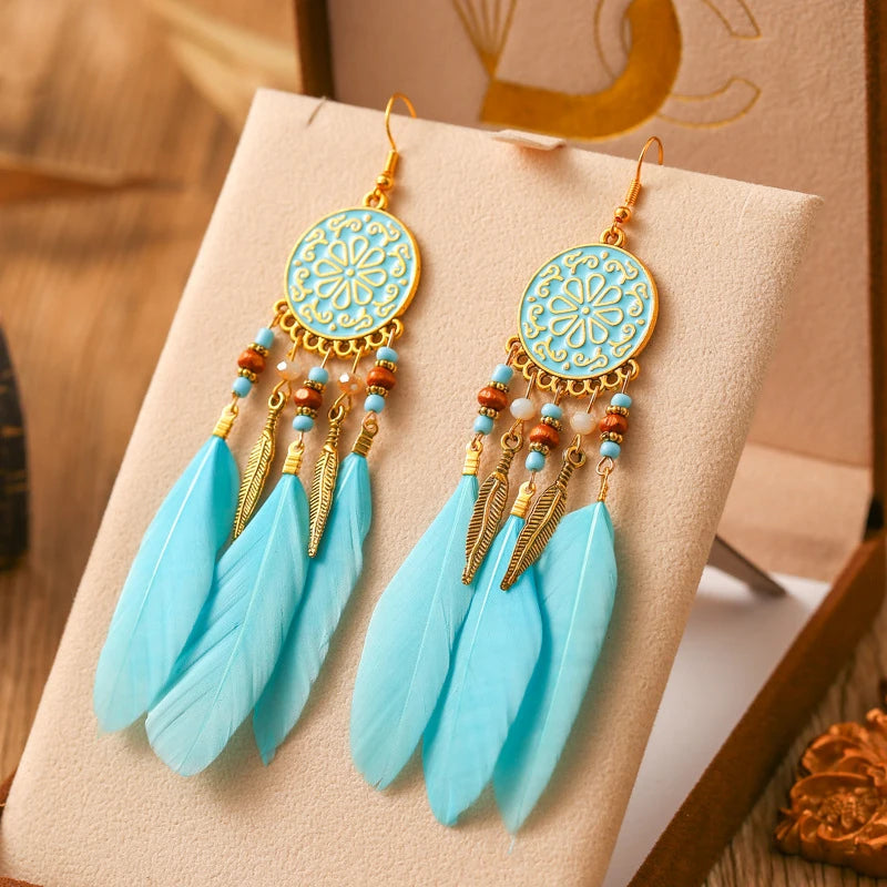Bohemian Long Feather Drop Earrings with Tassel Beads and Enamel Flowers for Women