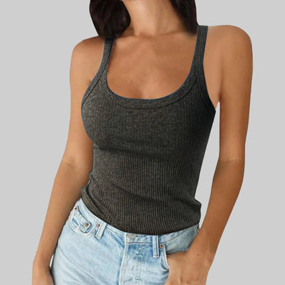 Versatile Sexy Round Neck Solid Spandex Blend Top for Women American Retro Style Outer Inner Wear