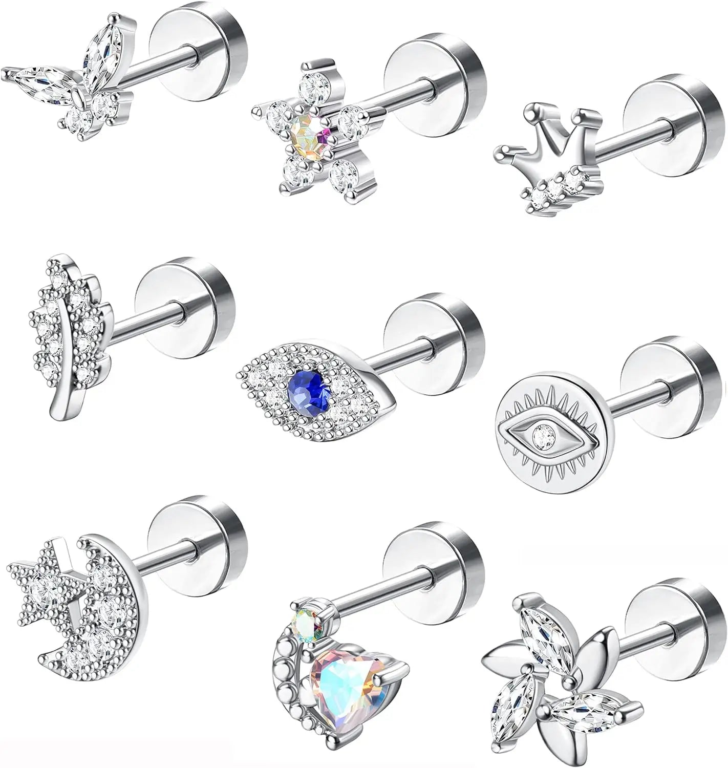 Drperfect 18G Stainless Steel Cartilage Earrings for Women Flat Back Stud Jewelry Set