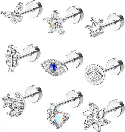 Drperfect 18G Stainless Steel Cartilage Earrings for Women Flat Back Stud Jewelry Set