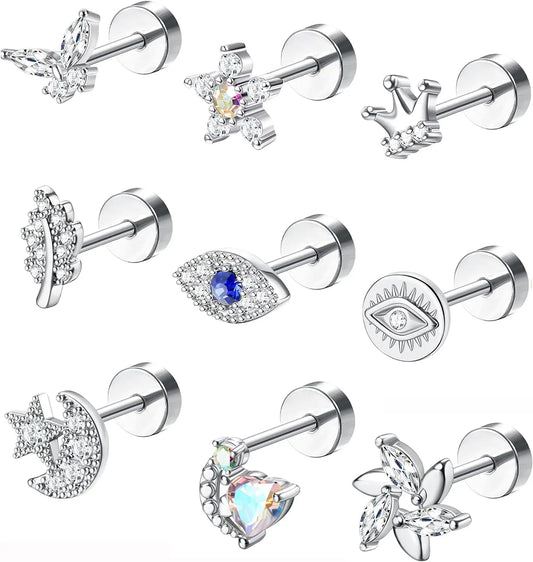 Drperfect 18G Stainless Steel Cartilage Earrings for Women Flat Back Stud Jewelry Set