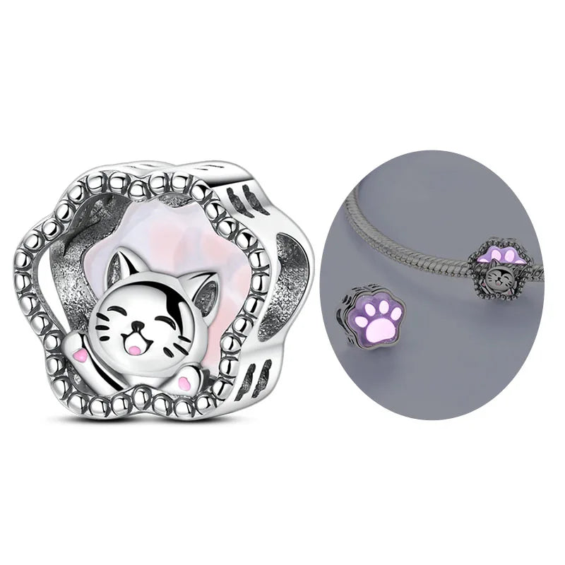 925 Sterling Silver Love Starry Sky Cat Paw Charms Beads