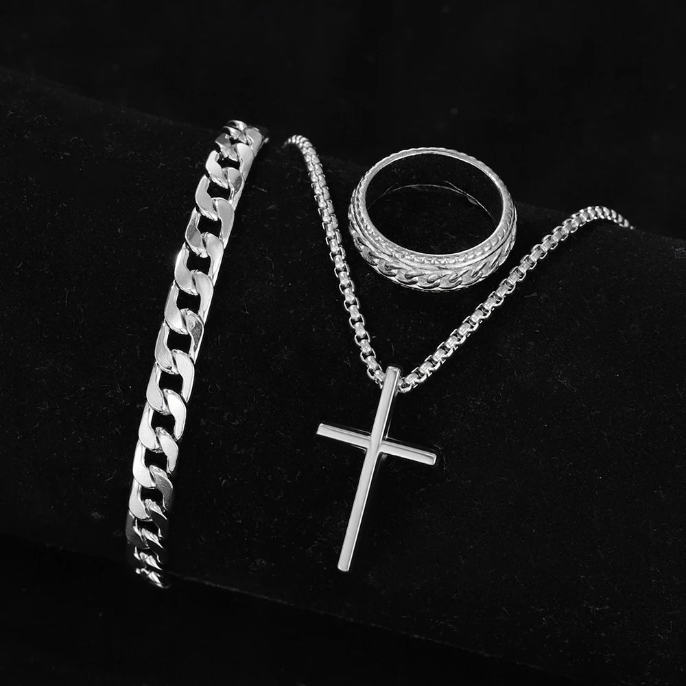 Men's Stylish Black Stainless Steel Cross Necklace, Ring, and Bracelet Set - Non-Fading Jewelry for Weddings and Parties