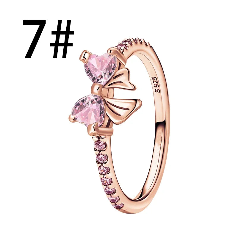 925 Sterling Silver Colorful Bow Jewelry Set for Women Rings Earrings Necklaces Charms DIY Gift