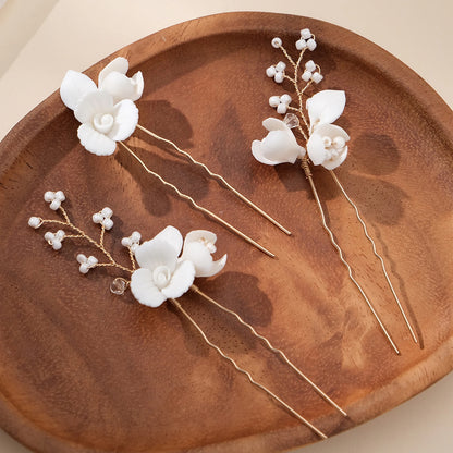 White Floral Ceramic Hairpins for Elegant Bridal Hairstyles