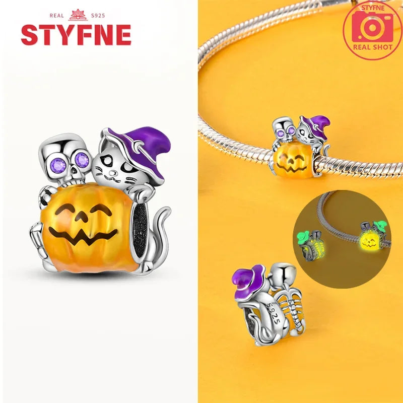 S925 Silver Luminous Zombie Skeleton Charm Bead Dangle
