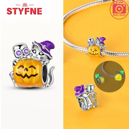S925 Silver Luminous Zombie Skeleton Charm Bead Dangle