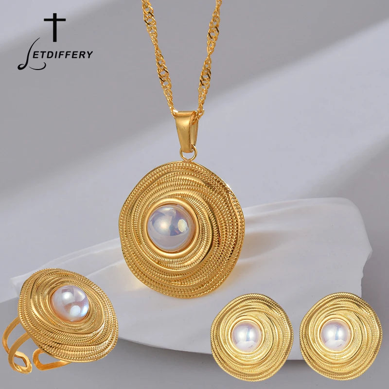 Letdiffery Vintage Golden Pearl Pendant Jewelry Set with Stainless Steel Geometric Round Earrings Necklace and Ring for Women
