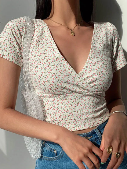 Dozw French Retro Floral V Neck Top Women Slim Fit T Shirt