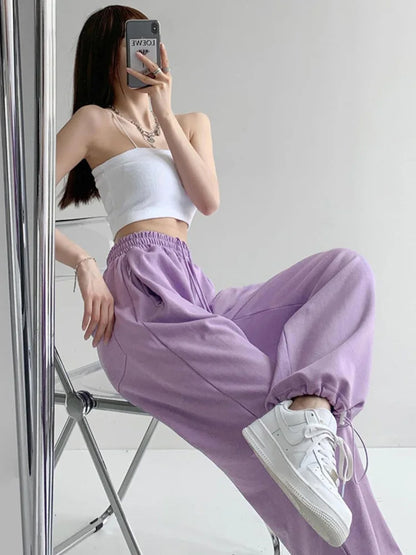 Korean White Blue High Waist Loose Drawstring Harem Pants