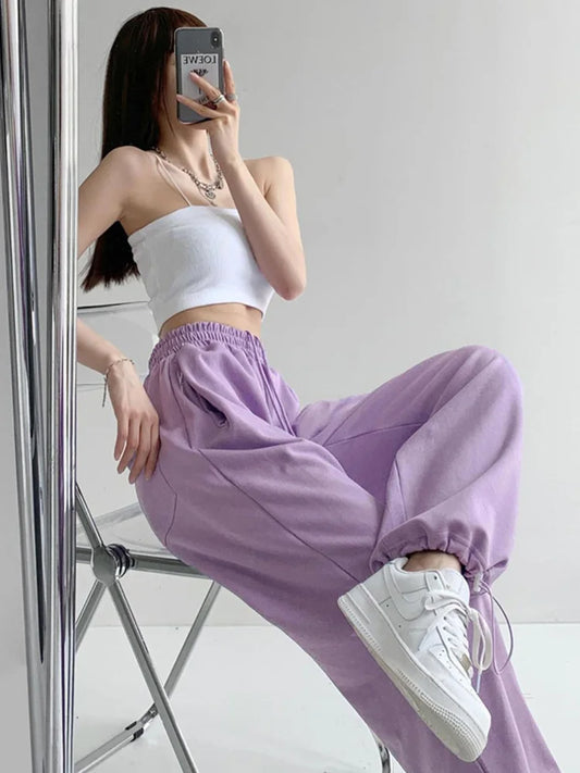 Korean White Blue High Waist Loose Drawstring Harem Pants