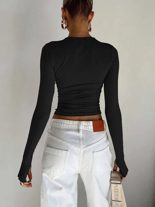Dozw Women Long Sleeve Crew Neck Crop Top With Thumb Holes