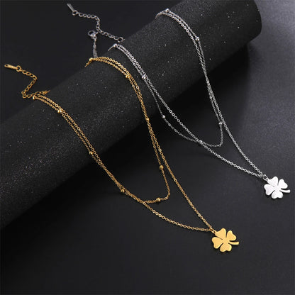 Cazador 2025 Lucky Clover Pendant Necklace Gold Color Double Layer Stainless Steel Jewelry for Women and Girls