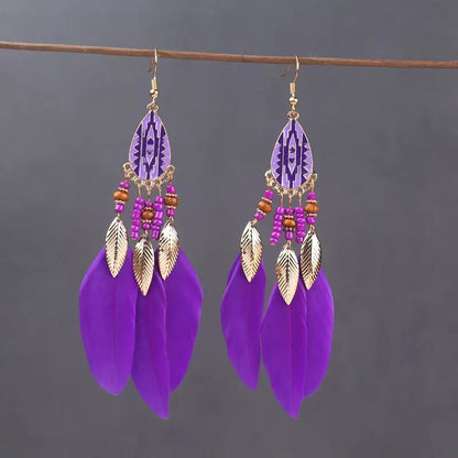 Bohemian Long Feather Drop Earrings with Tassel Beads and Enamel Flowers for Women