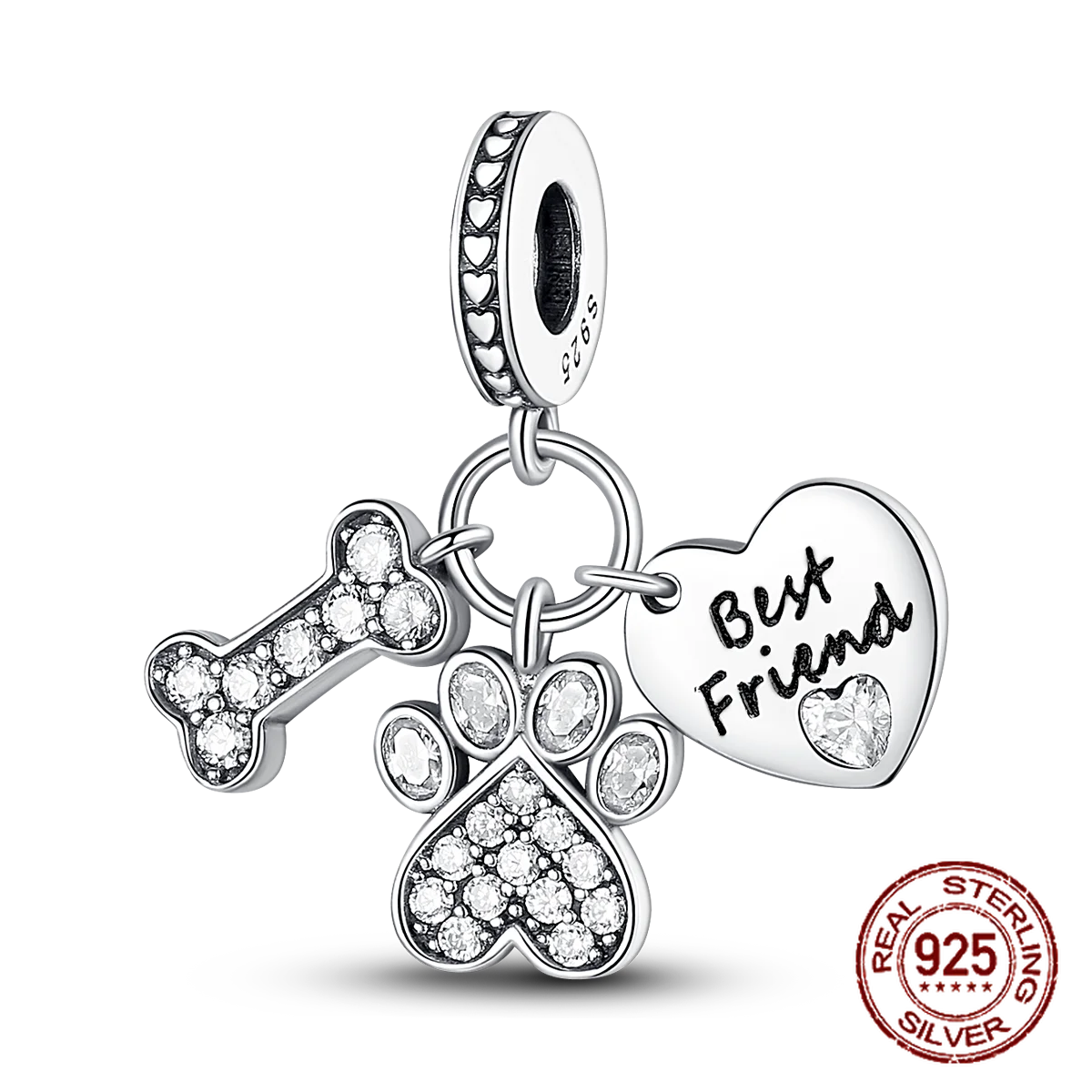 Inlaid Zircon Heart Charm Beads 925 Sterling Silver Dangle for Bracelets SMC846