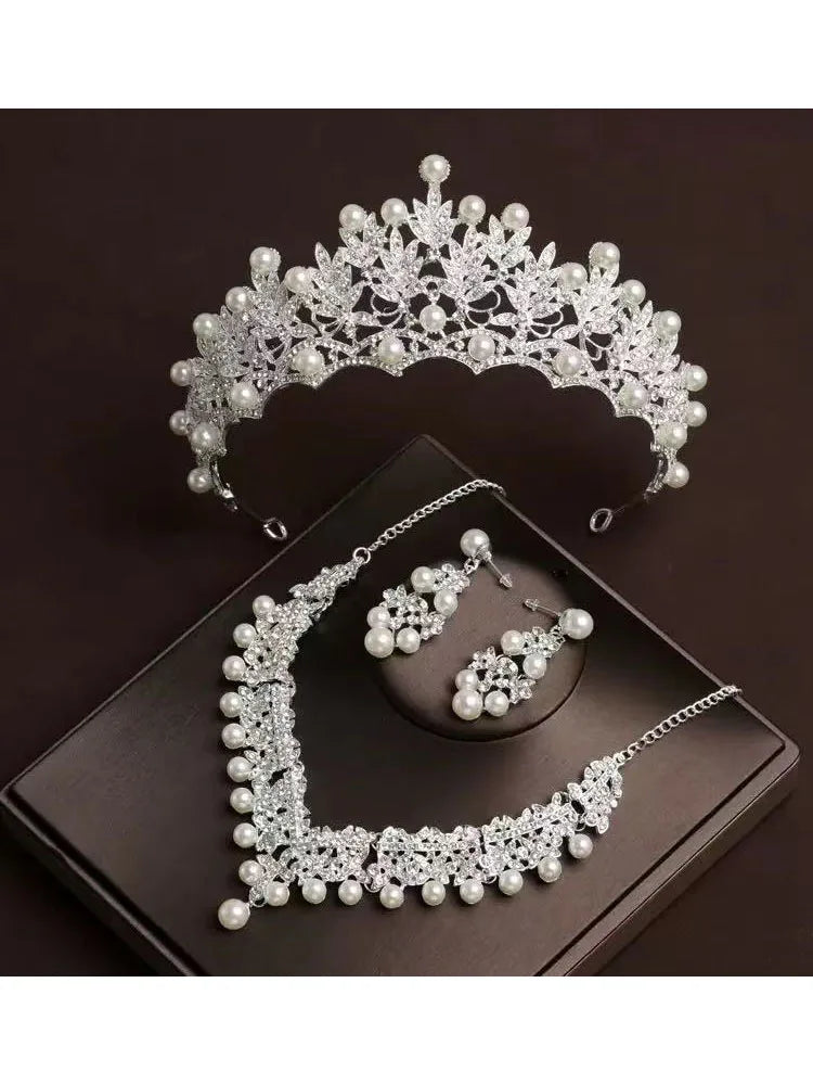 Bridal Bliss Crown Necklace & Earring Set - Elegant Beige Beaded Wedding Accessories suit