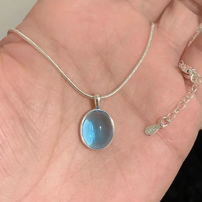 Elegant Silver Oval Aquamarine Pendant Necklace with Luxury Snake Chain for Women
