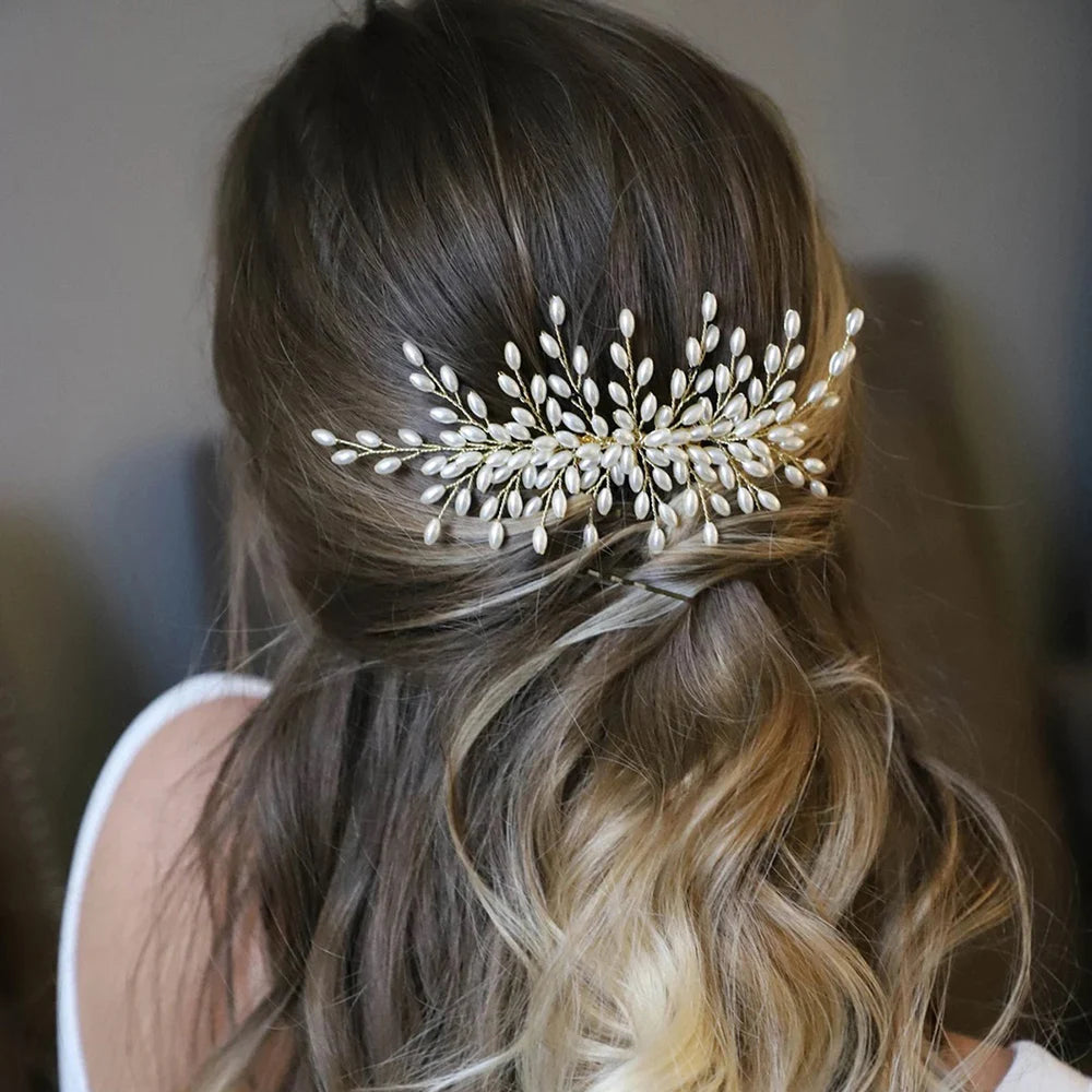 Crystal Pearl Leaf Hair Comb Clip - Handmade Wedding Tiara for Brides
