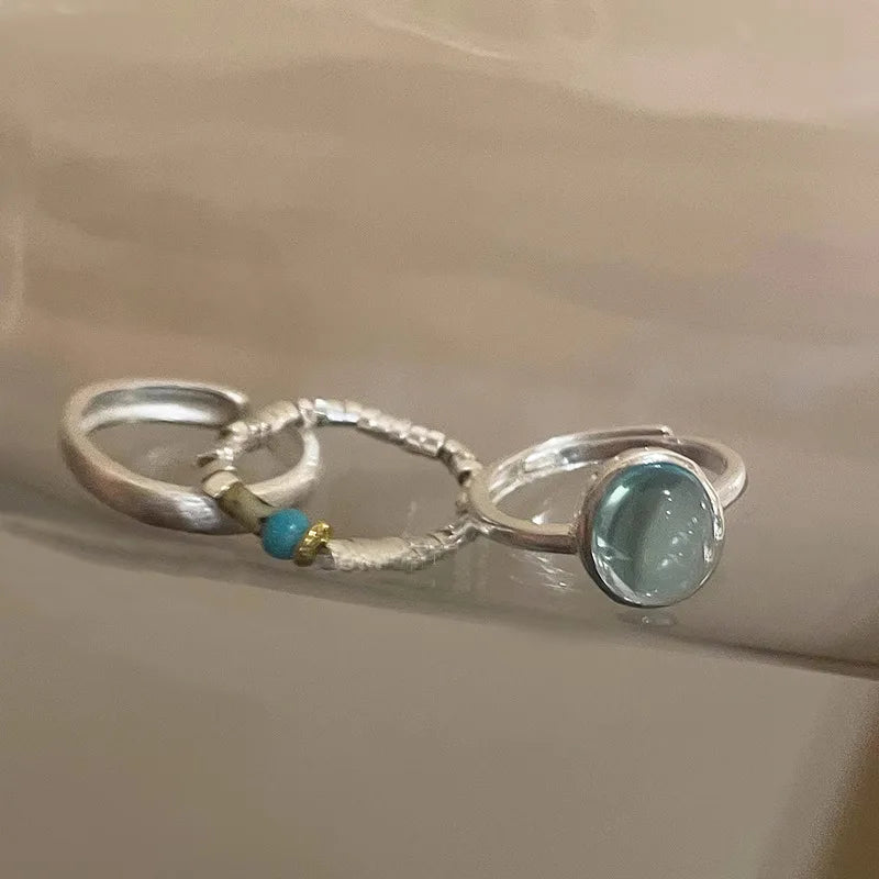 Hip Hop Blue Zircon Curved Matte Metal Ring for Women Retro Fashion Jewelry