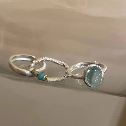 Hip Hop Blue Zircon Curved Matte Metal Ring for Women Retro Fashion Jewelry