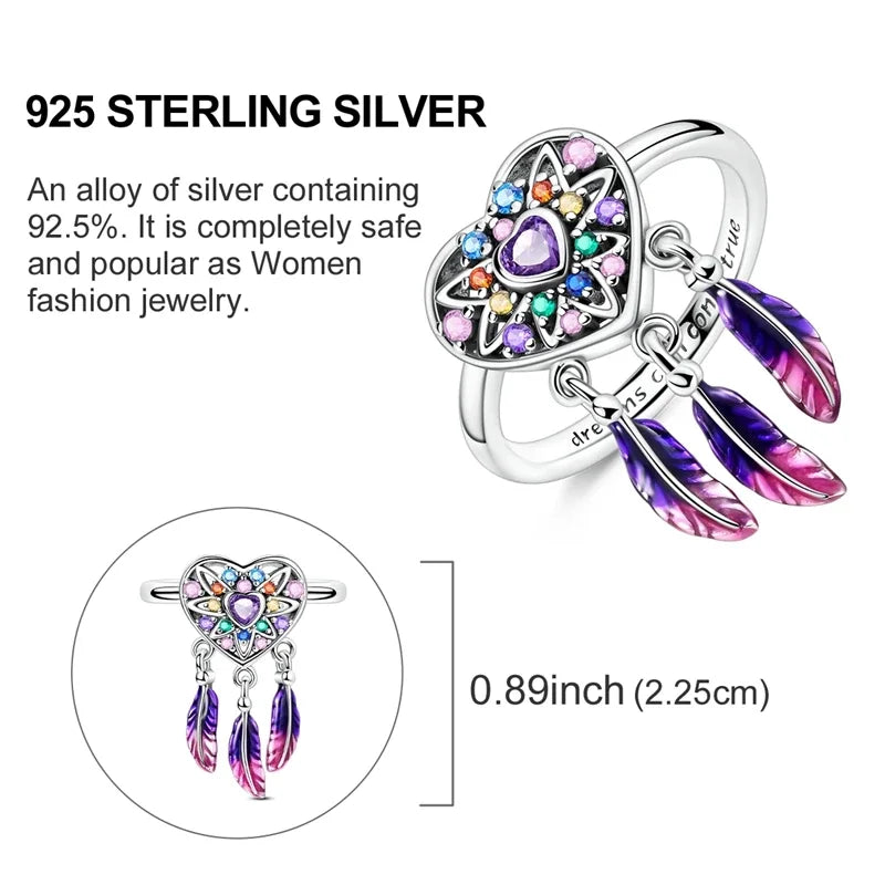 Women’s 925 Sterling Silver Dream Catcher Dragon Ring with Sun Zircon Heart Design KTR295