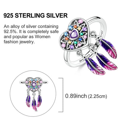 Women’s 925 Sterling Silver Dream Catcher Dragon Ring with Sun Zircon Heart Design KTR295