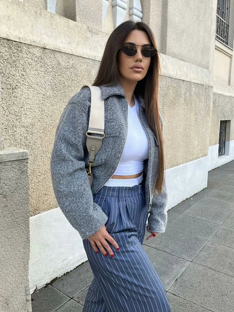 Tweed Cropped Jacket For Women Zip Front Autumn Coat
