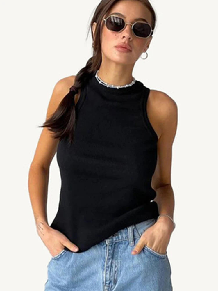 Ribbed Knitted Tank Top For Women Off Shoulder White Black