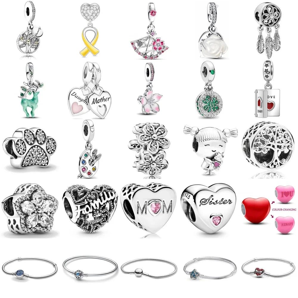 Family Charm Pendant Pink Flower Heart Clover Dangle Bead for 925 Silver Bracelets