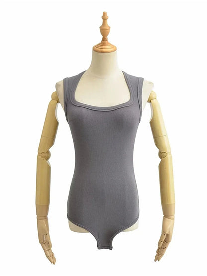 Ladies Slim Square Collar Retro Bodysuit Jumpsuit Backless