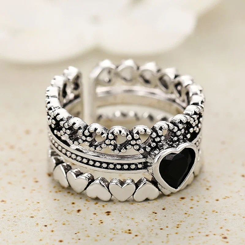 Huitan Vintage Black Heart Rings for Women - Chic Hip Hop Party Jewelry Accessories