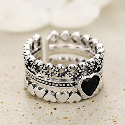 Huitan Vintage Black Heart Rings for Women - Chic Hip Hop Party Jewelry Accessories