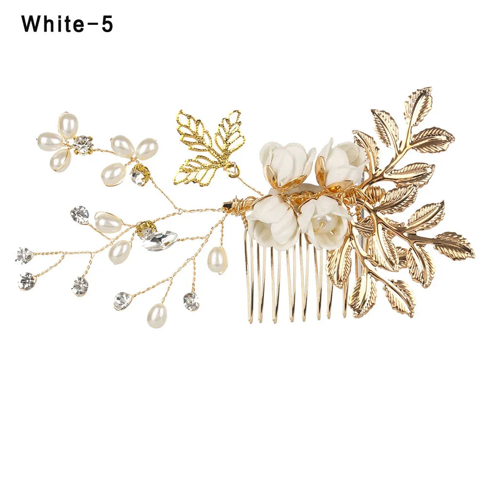 Luxury Crystal Crown Hair Combs - Elegant Bridal Clips with Leaf Design green 5