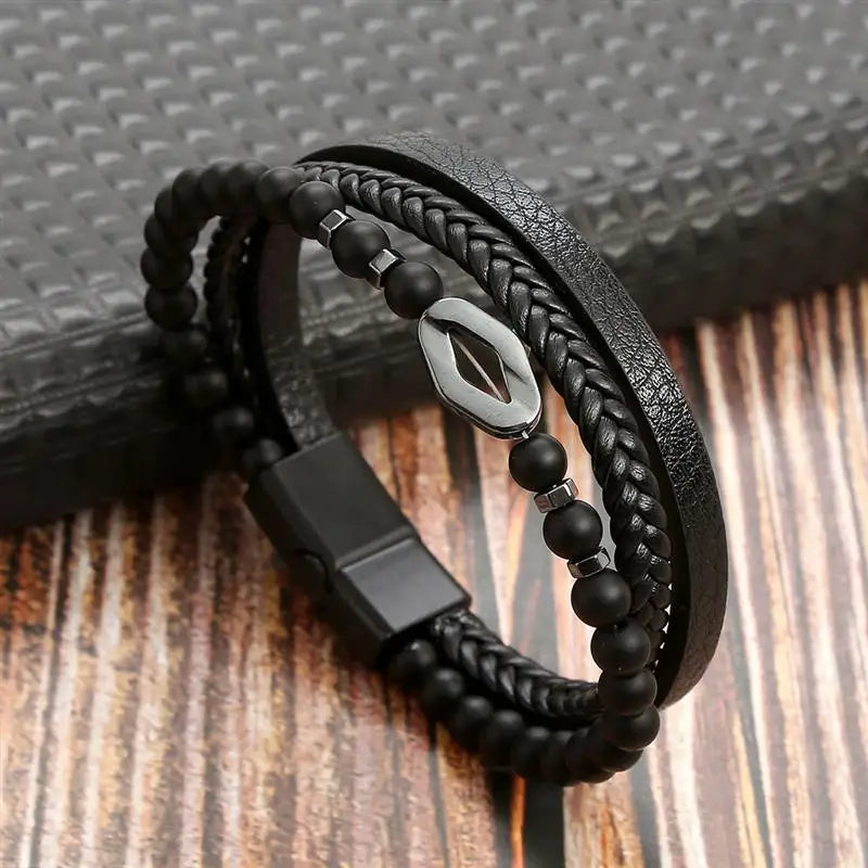 Men's Leather Bracelet with Stainless Steel Tree of Life Charm - Stylish Multi-Layer Fashion Accessory